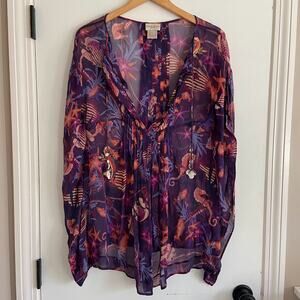 Karen Millen 100% Silk Purple Beaded Seahorse Beach Coverup Blouse Size 4